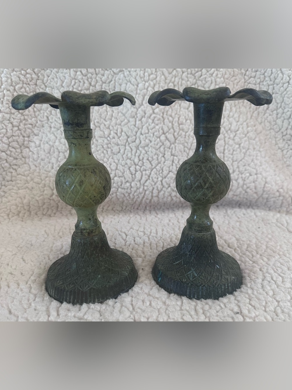 Vintage Green Patina Brass Candlestick Pair - Home Accents